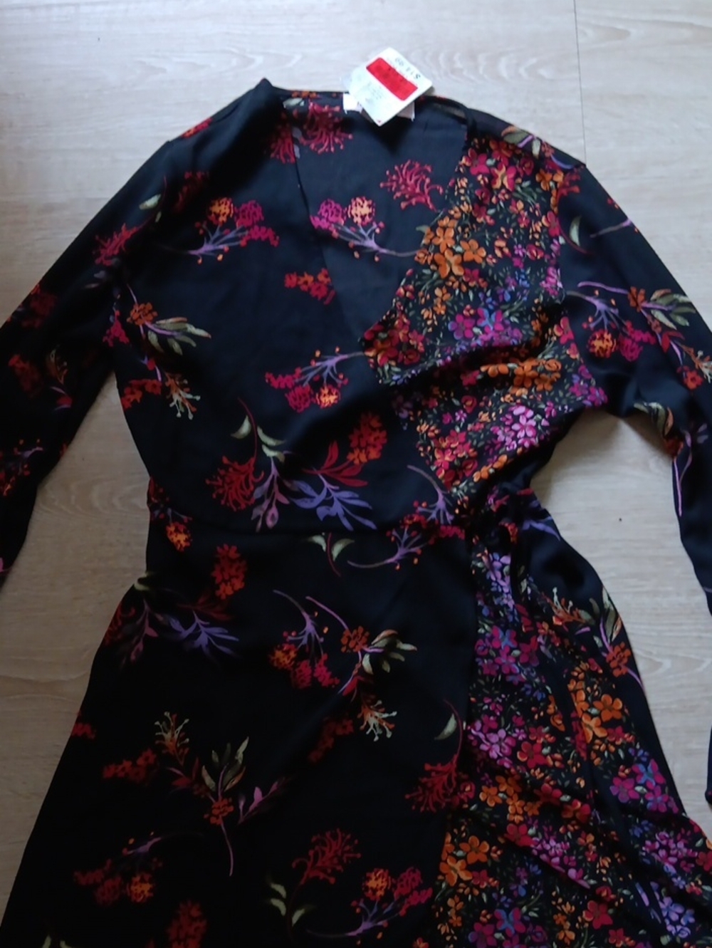 Floral Wrap-Style Long Sleeve Dress - Black with Pink & Orange Floral
